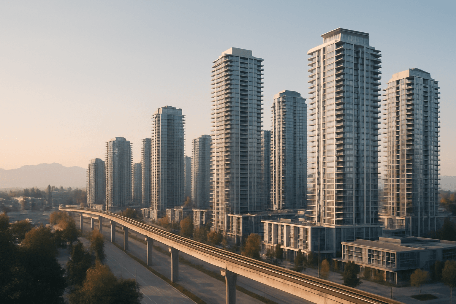 City Centre towers & SkyTrain viaduct — Surrey, BC