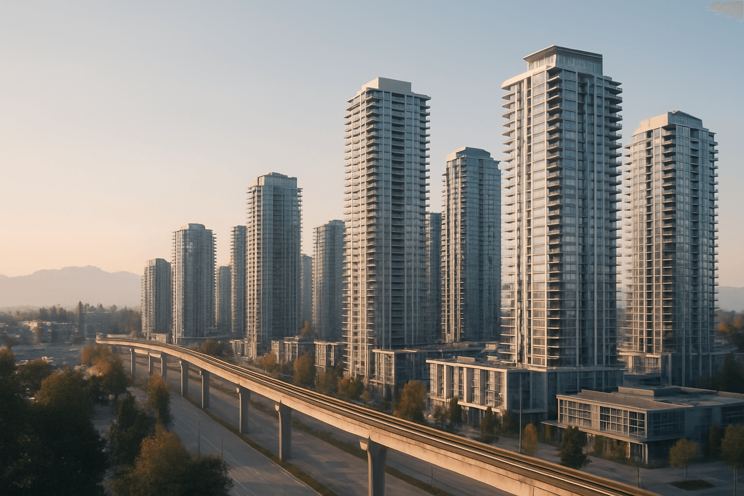 City Centre towers & SkyTrain viaduct — Surrey, BC